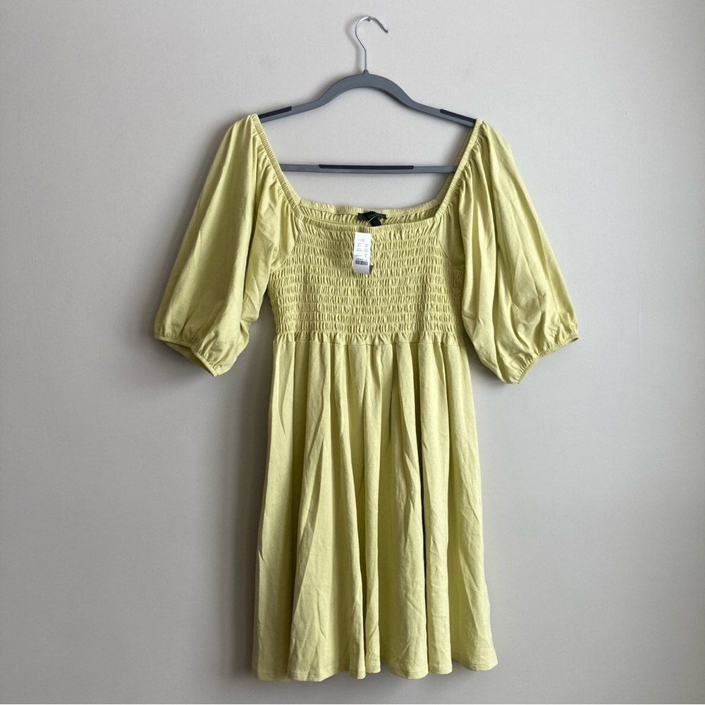 NWT J. Crew Yellow Smocked Cotton Square Neck Puff Sleeve Dress